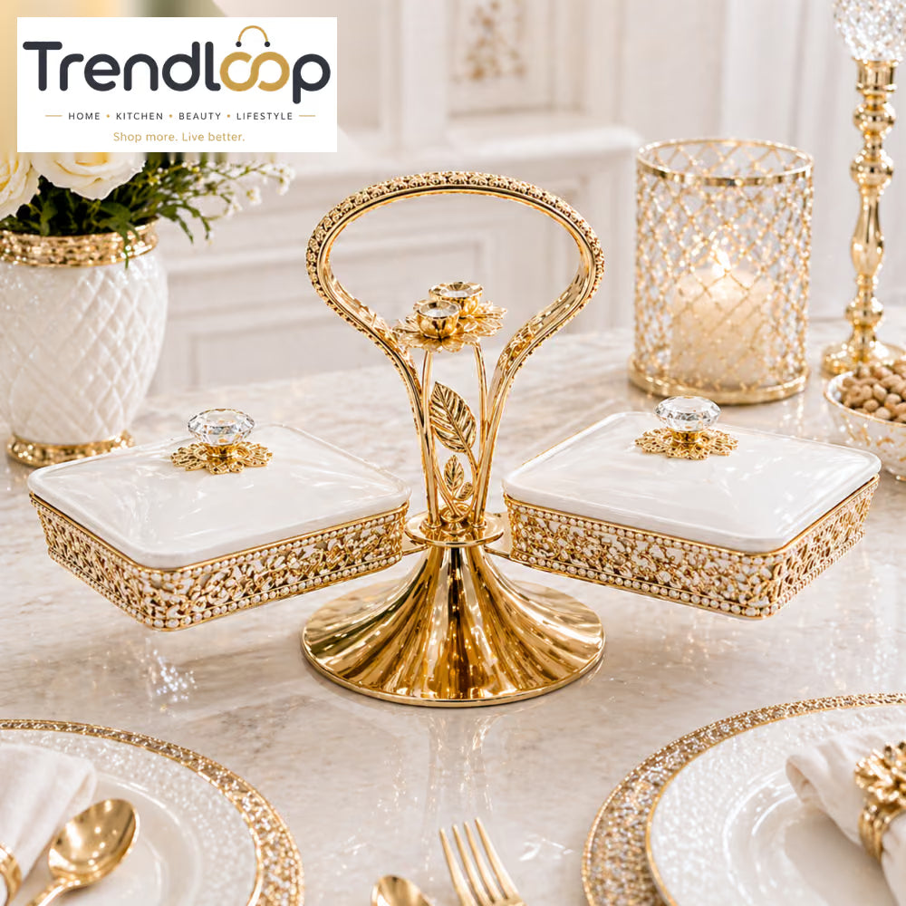 LUXURY GOLD & WHITE DOUBLE SERVING DISH WITH STAND - 2 PIECE