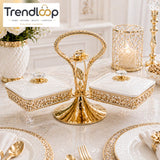 LUXURY GOLD & WHITE DOUBLE SERVING DISH WITH STAND - 2 PIECE