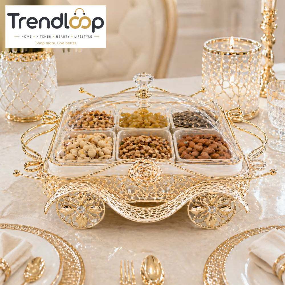 LUXURY GOLD PLATED SERVING DISH WITH LID – 6 COMPARTMENT GLASS SNACK & DRY FRUIT SERVER