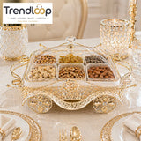 LUXURY GOLD PLATED SERVING DISH WITH LID – 6 COMPARTMENT GLASS SNACK & DRY FRUIT SERVER