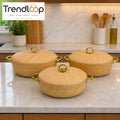 WOODEN TEXTURE CERAMIC CASSEROLE SET WITH GOLD HANDLES – 3 PIECE LUXURY KITCHEN SERVING POTS