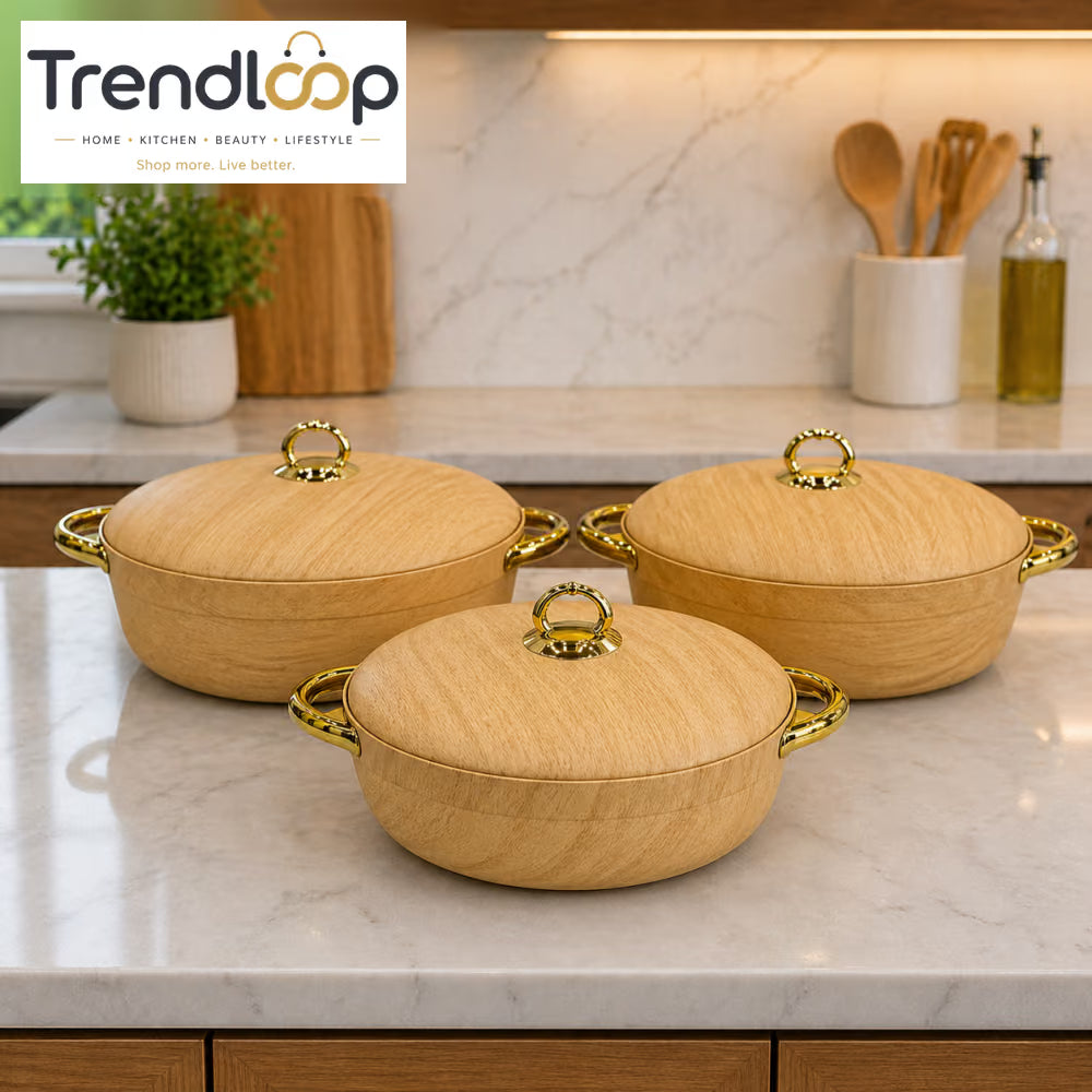 WOODEN TEXTURE CERAMIC CASSEROLE SET WITH GOLD HANDLES – 3 PIECE LUXURY KITCHEN SERVING POTS