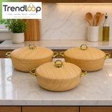 WOODEN TEXTURE CERAMIC CASSEROLE SET WITH GOLD HANDLES – 3 PIECE LUXURY KITCHEN SERVING POTS