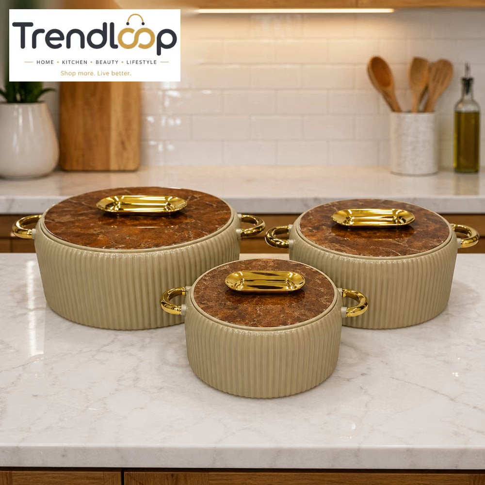 COFFEE BROWN MARBLE CERAMIC CASSEROLE SET WITH GOLD HANDLES – 3 PIECE LUXURY KITCHEN SERVING POTS - COFFEE
