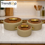 COFFEE BROWN MARBLE CERAMIC CASSEROLE SET WITH GOLD HANDLES – 3 PIECE LUXURY KITCHEN SERVING POTS - COFFEE
