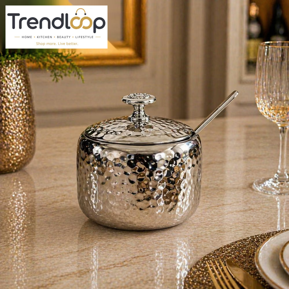 HAMMERED STAINLESS STEEL SUGAR POT WITH LID