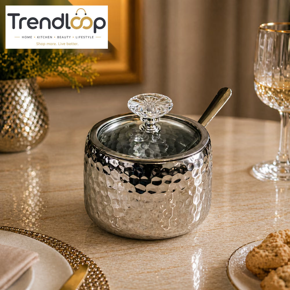 HAMMERED STAINLESS STEEL SUGAR POT WITH  GLASS LID & SPOON