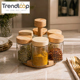 WOODEN SPICE JAR SET WITH ROTATING STAND 6 PIECE