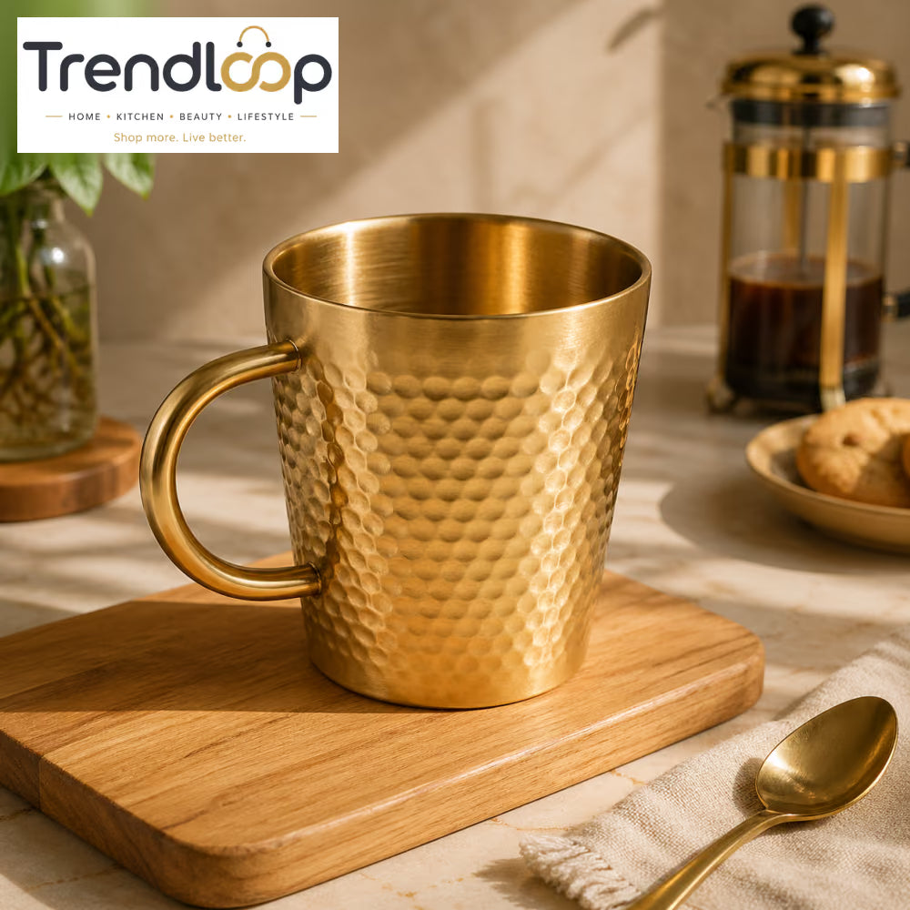 GOLDLUXA GOLDEN TEA CUP HAMMERED PREMIUM STAINLESS STEEL DRINKING MUG LUXURY KITCHEN TABLEWARE SIZE 300 ML