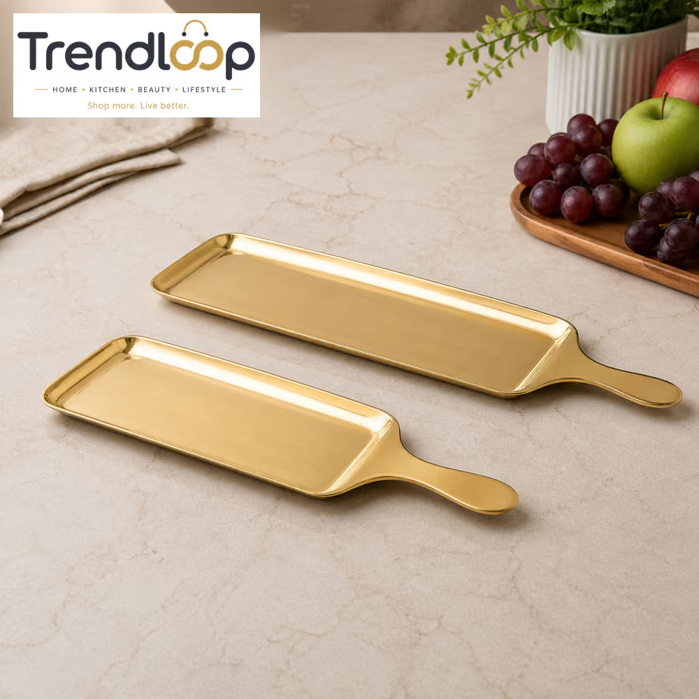 GOLDLUXA GOLDEN TRAY RECTANGULAR BBQ BAT PLATTER PREMIUM STAINLESS STEEL SERVING TRAY LUXURY KITCHEN TABLEWARE SIZE 33 CM